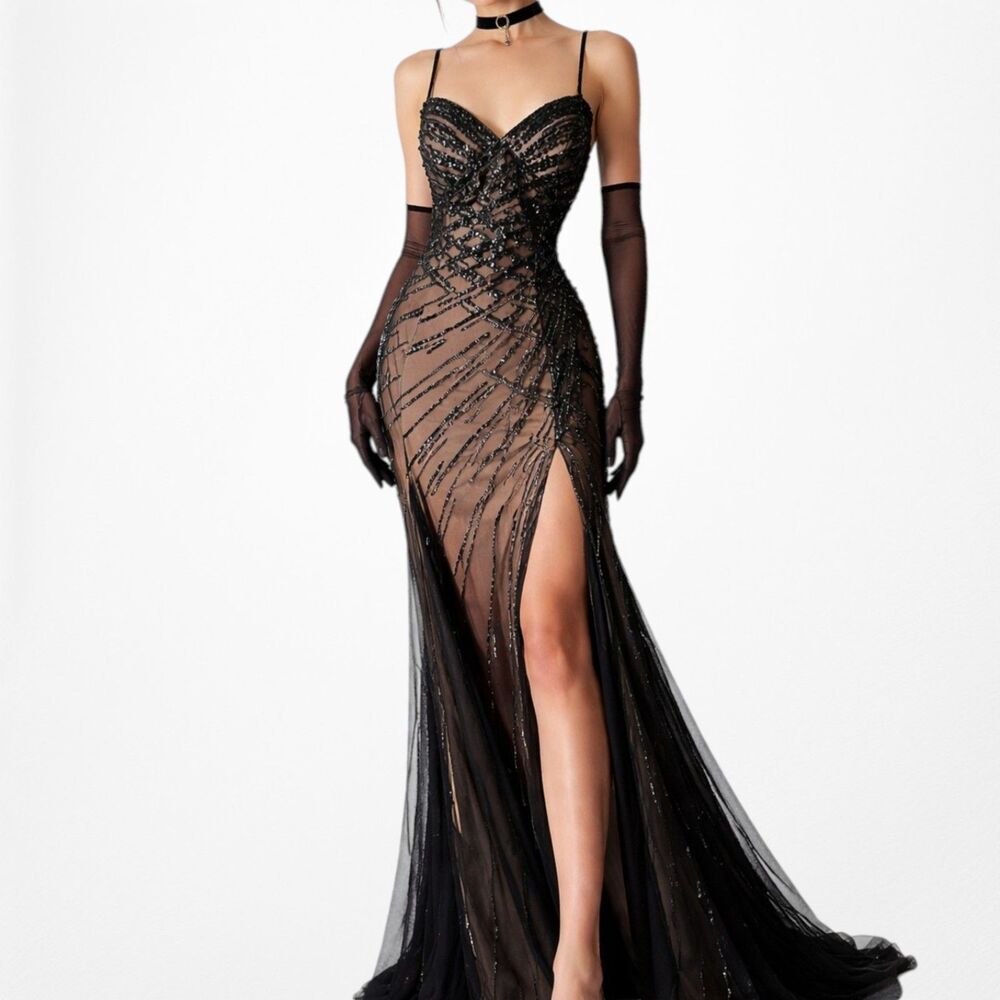 Vintage Y2K Brown Black Beaded Mesh Maxi Bodycon Side Slit Prom Dress Size M/L